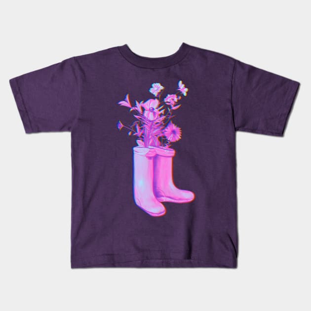 Pink floral rain boots Kids T-Shirt by Mimie20